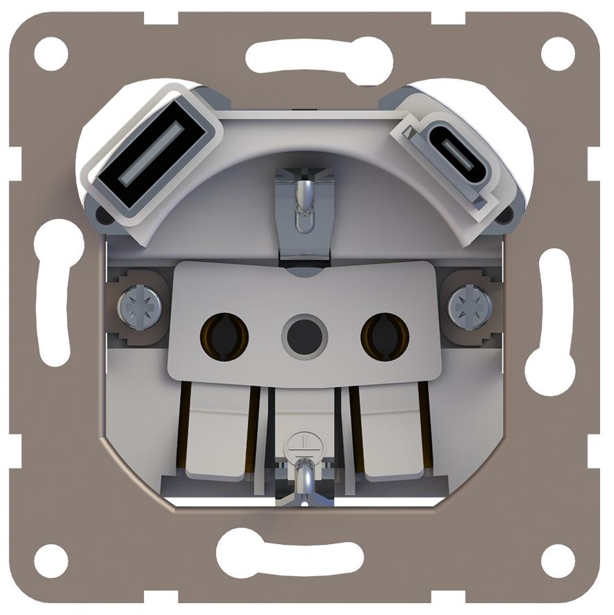 Механизм розетки Schuko 16А 250 В~ с зарядным устройством USB A+C, 5V/4A, мощность 20W, серия DA