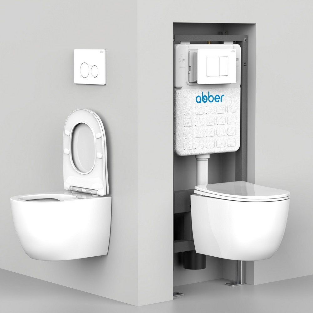 Комплект подвесной унитаз ABBER Bequem AC1100T белый с инсталляцией AC0105 и кнопкой AC0120NG оружейная сталь