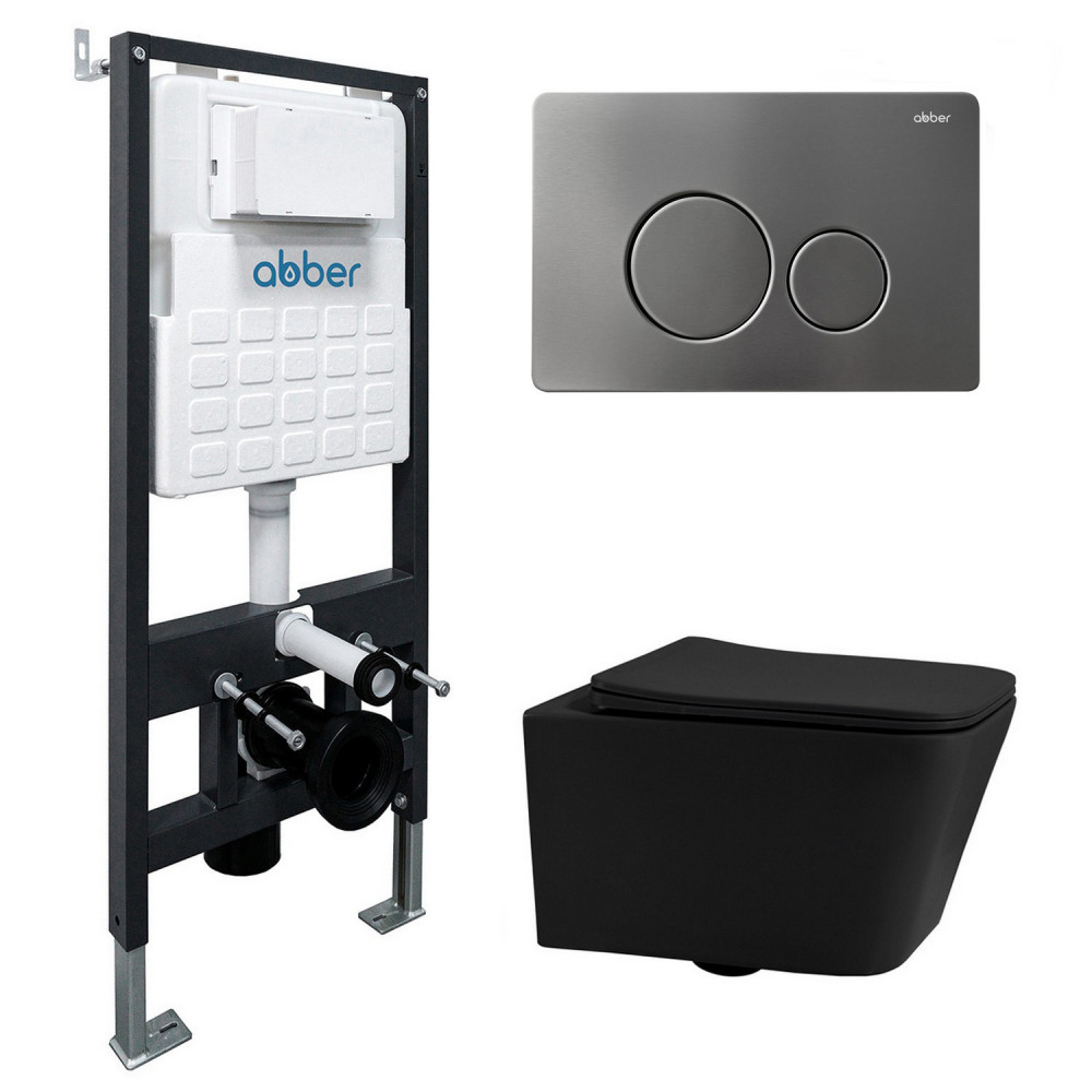 Комплект подвесной унитаз ABBER Rechteck AC1201MB черный матовый с инсталляцией AC0105 и кнопкой AC0121NG оружейная сталь