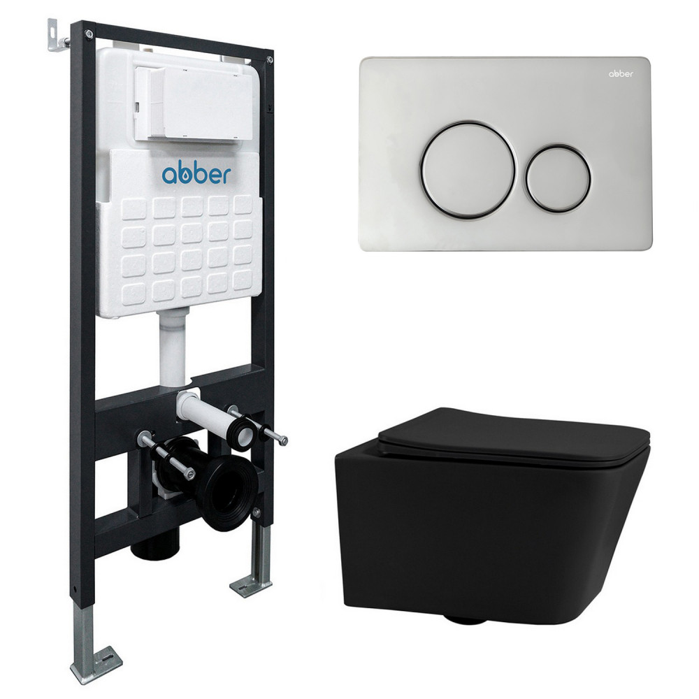Комплект подвесной унитаз ABBER Rechteck AC1201MB черный матовый с инсталляцией AC0105 и кнопкой AC0121 хром