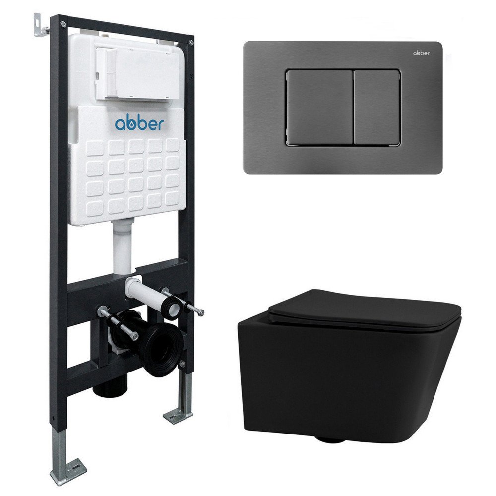 Комплект подвесной унитаз ABBER Rechteck AC1201MB черный матовый с инсталляцией AC0105 и кнопкой AC0120NG оружейная сталь