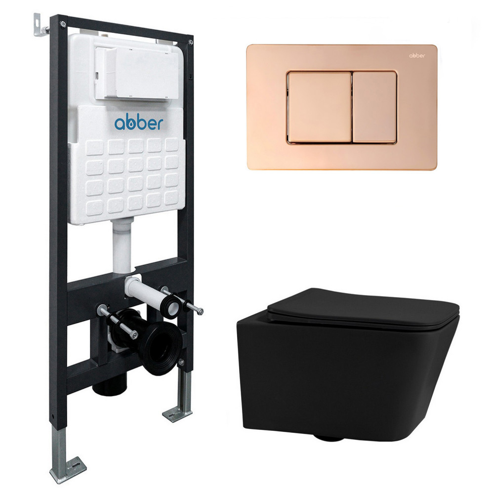 Комплект подвесной унитаз ABBER Rechteck AC1201MB черный матовый с инсталляцией AC0105 и кнопкой AC0120RG золото розовое