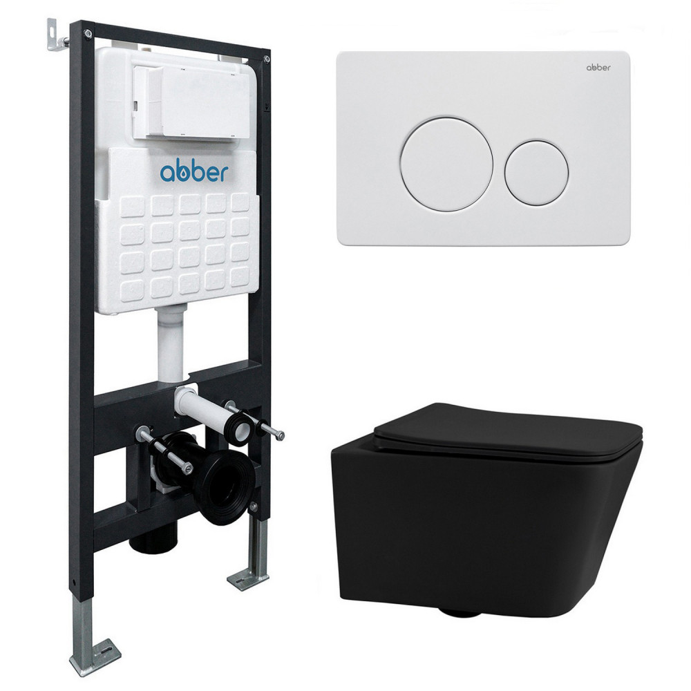 Комплект подвесной унитаз ABBER Rechteck AC1201MB черный матовый с инсталляцией AC0105 и кнопкой AC0121MW белая матовая