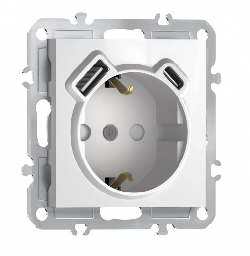 Розетка 220В с заземлением, со шторками, 16А + зарядка USB A+C 20W, на винтах, глянцевый белый Donel A07