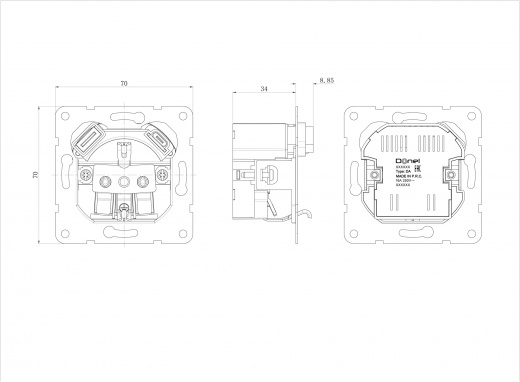 Механизм розетки Schuko 16А 250 В~ с зарядным устройством USB A+C, 5V/4A, мощность 20W, серия DA