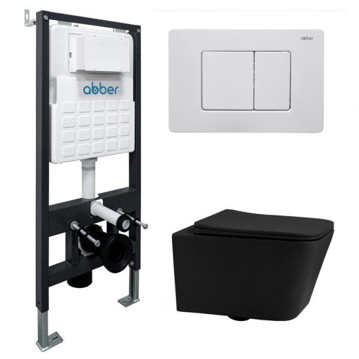 Комплект подвесной унитаз ABBER Rechteck AC1201MB черный матовый с инсталляцией AC0105 и кнопкой AC0120MW белая матовая