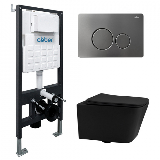 Комплект подвесной унитаз ABBER Rechteck AC1201MB черный матовый с инсталляцией AC0105 и кнопкой AC0121NG оружейная сталь