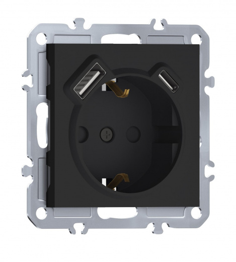 Розетка 220В с заземлением, со шторками, 16А + зарядка USB A+C 20W, на винтах, Donel A07