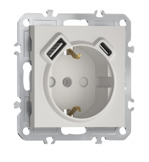 Розетка 220В с заземлением, со шторками, 16А + зарядка USB A+C 20W, на винтах, Donel A07
