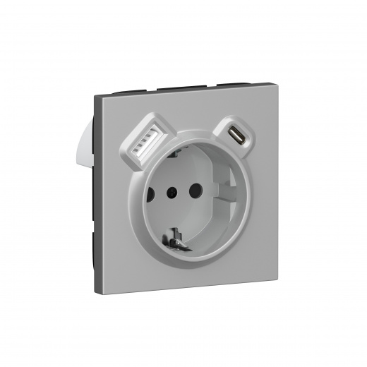 Розетка с заземлением и шторками Schuko 16А 250В + зарядка USB A+C 20W, алюминий